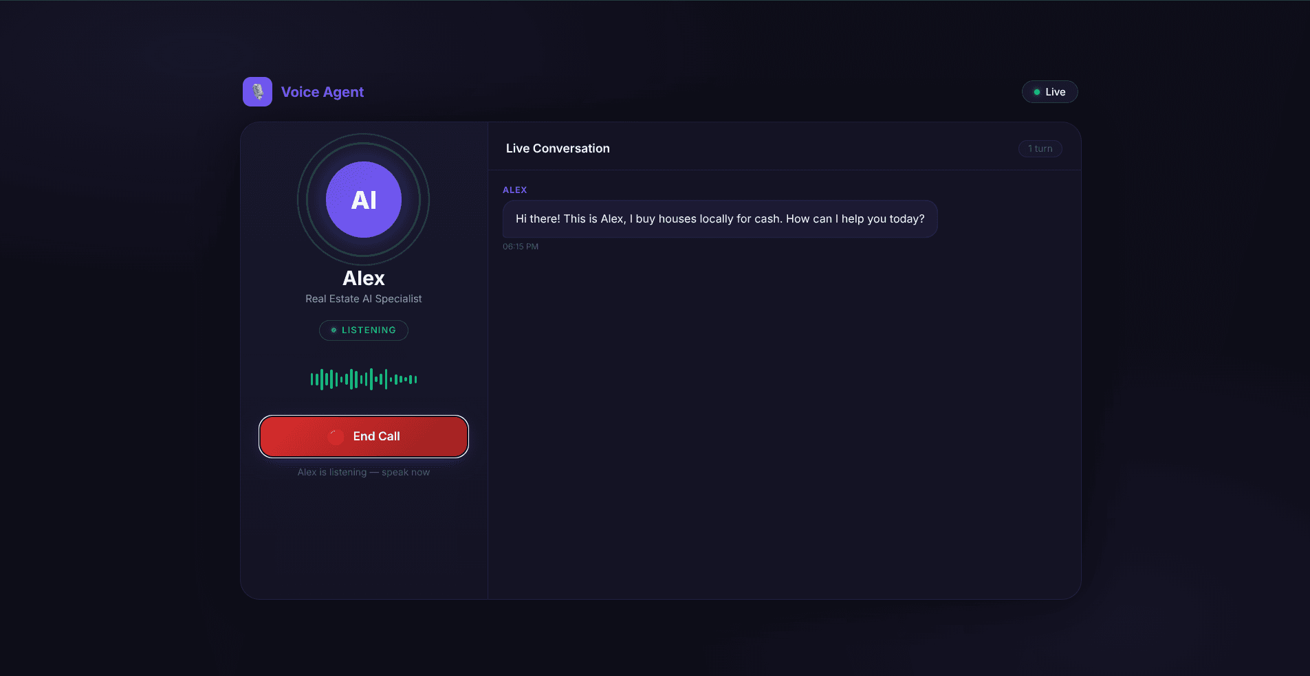 AI Voice Agent live call interface